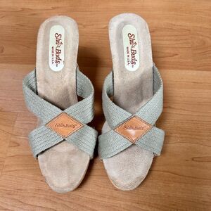 Shu Buds Vintage Mule Wedge Sandals Gray Blue Canvas and Faux Wood Design Size 7